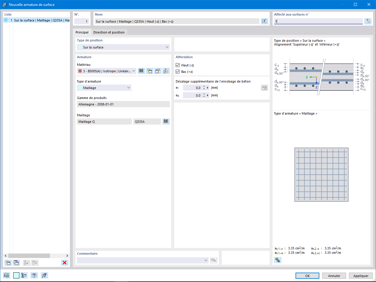 Attribution des armatures surfaciques de base