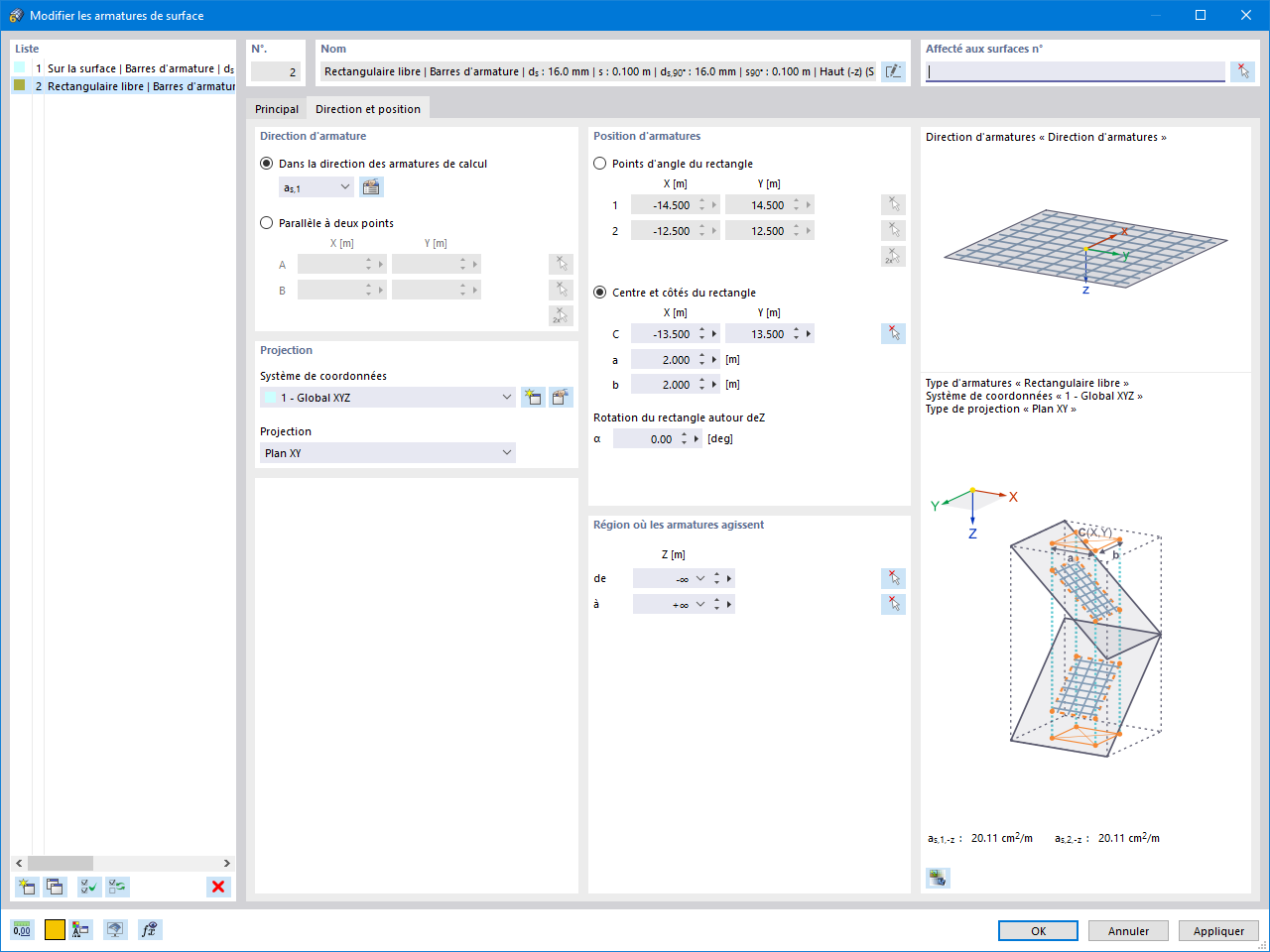 Direction et emplacement des armatures supplémentaires