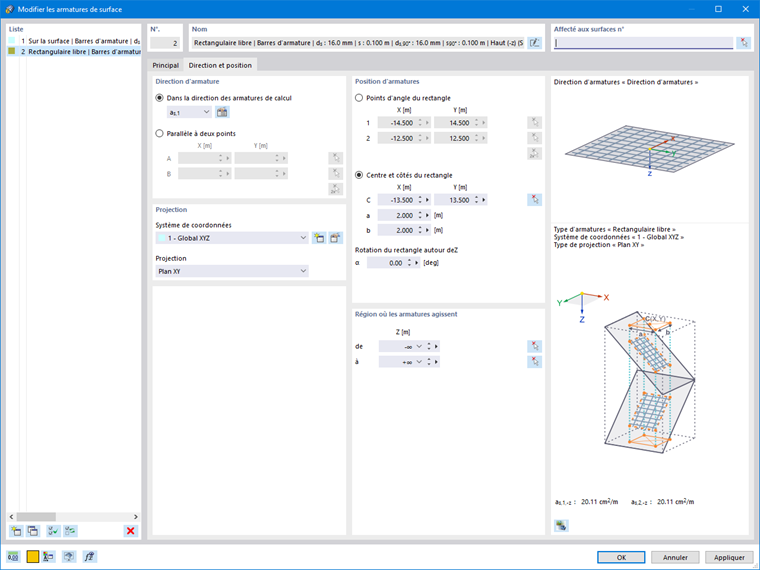 Direction et emplacement des armatures supplémentaires