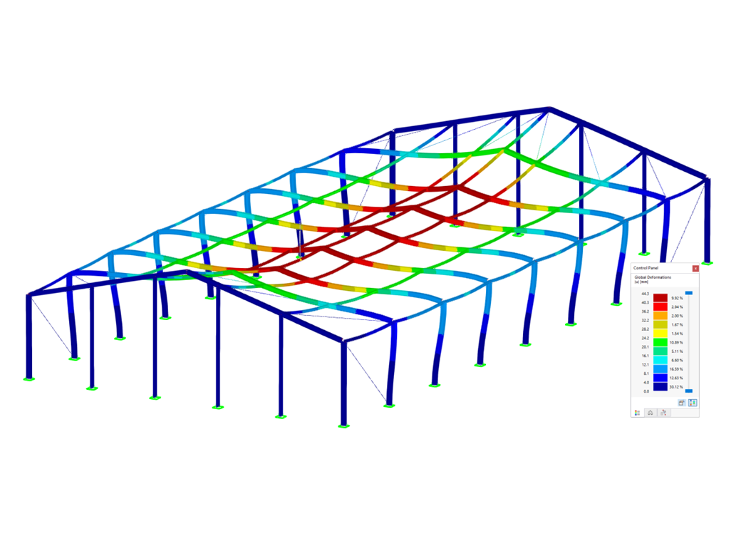 Analyse de la déformation d’une halle en acier sous charge. Représentation de l’état limite de service et des résultats de la vérification de l’acier