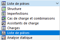 Sélection de la catégorie « Liste de pièces »
