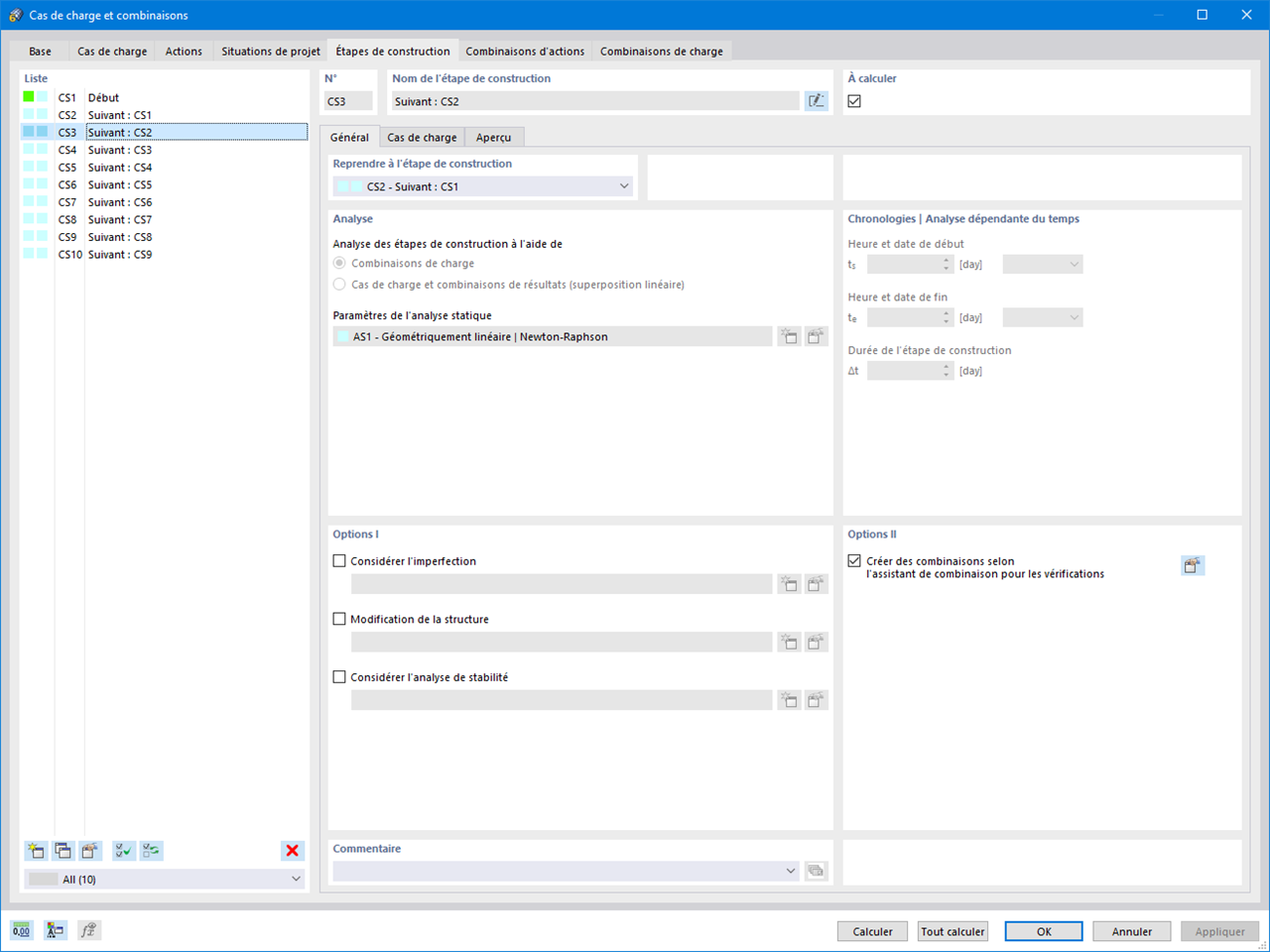 Phases de construction - paramètres principaux