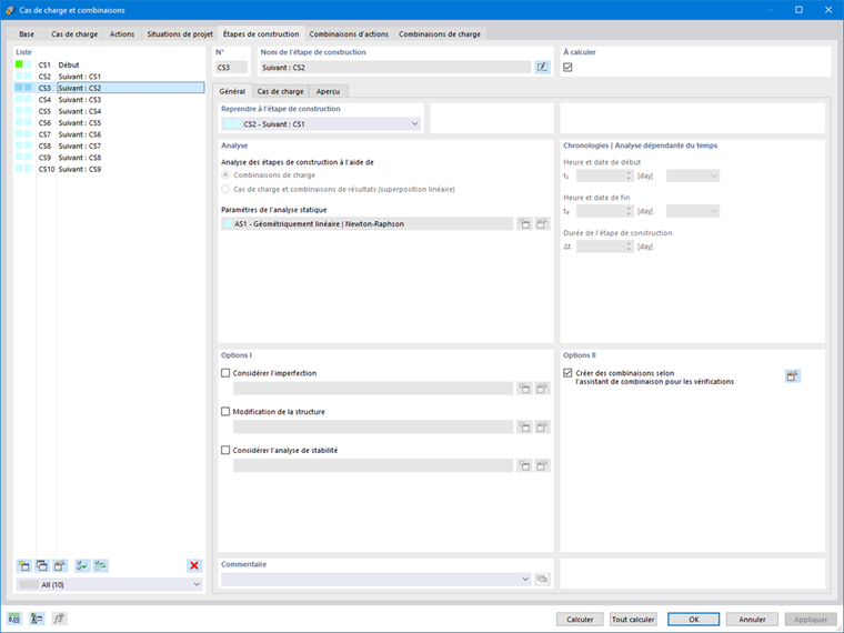 Phases de construction - paramètres principaux