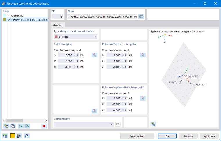 Boîte de dialogue « Nouveau système de coordonnées »
