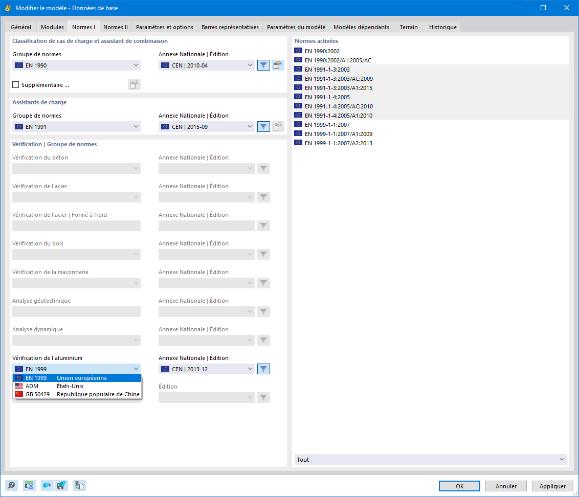 Boîte de dialogue « Modifier le modèle - Données de base », sélection d’une norme pour la vérification de l’aluminium