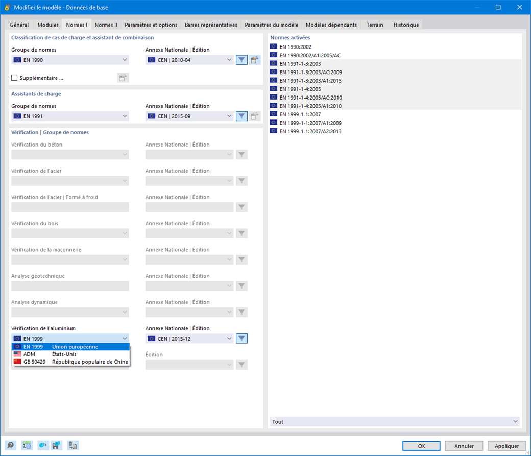 Boîte de dialogue « Modifier le modèle - Données de base », sélection d’une norme pour la vérification de l’aluminium