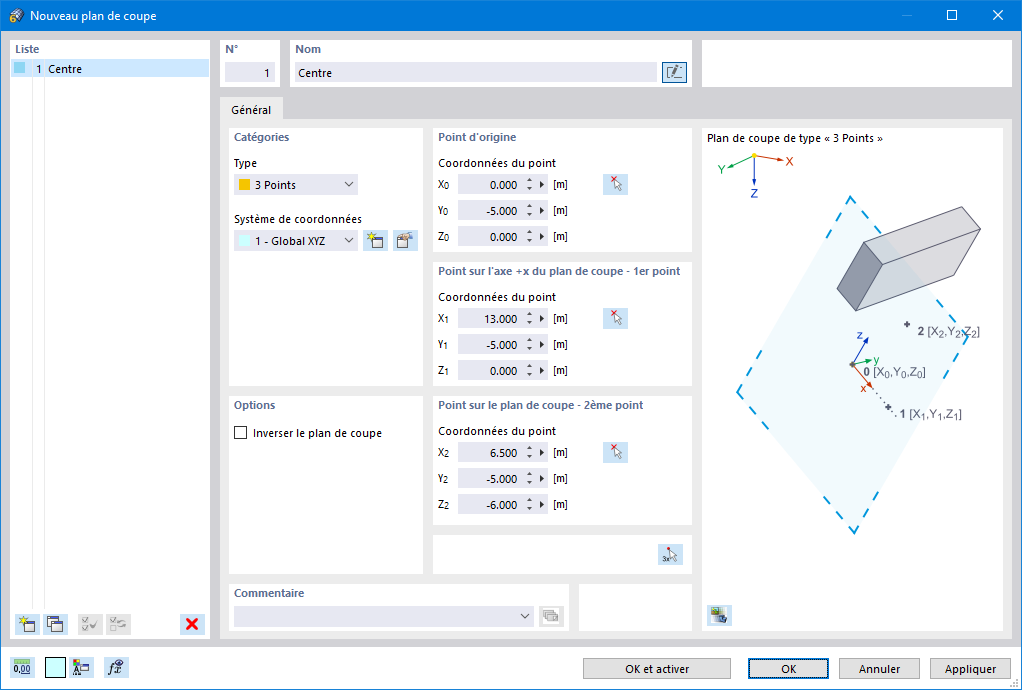 Boîte de dialogue « Nouveau plan de coupe »