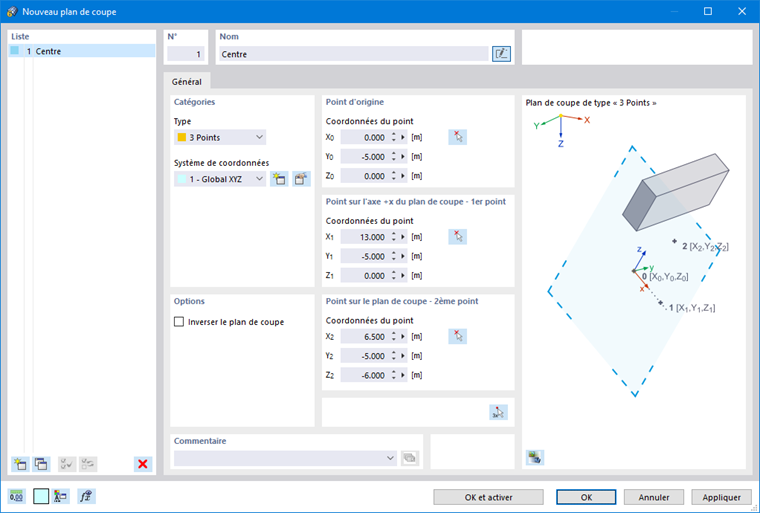 Boîte de dialogue « Nouveau plan de coupe »