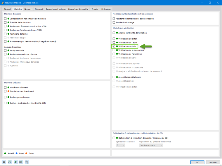 Illustration du processus d’activation du module complémentaire Vérification du bois dans le logiciel de calcul de structure.