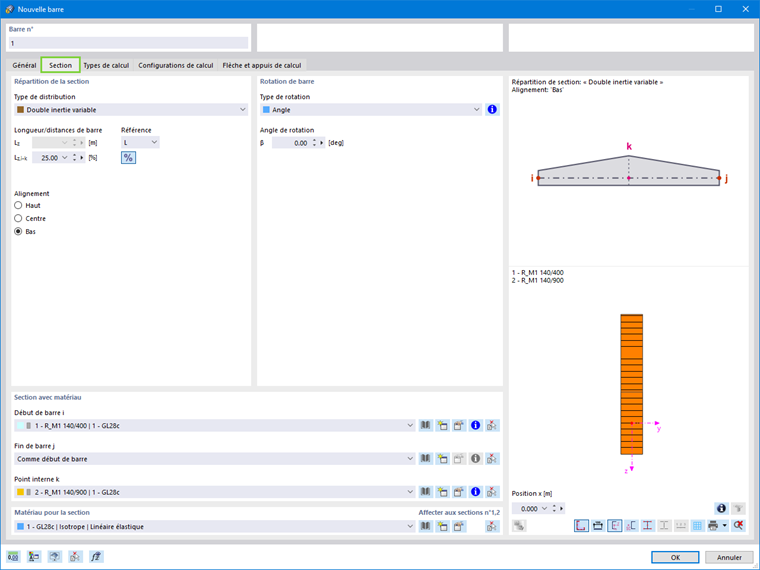 Exemple de vérification du bois avec analyse de barres à inertie variable et courbées, avec informations sur les propriétés de section.