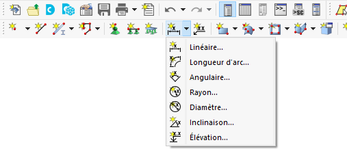 Boutons pour les cotations dans la barre d’outils CAO