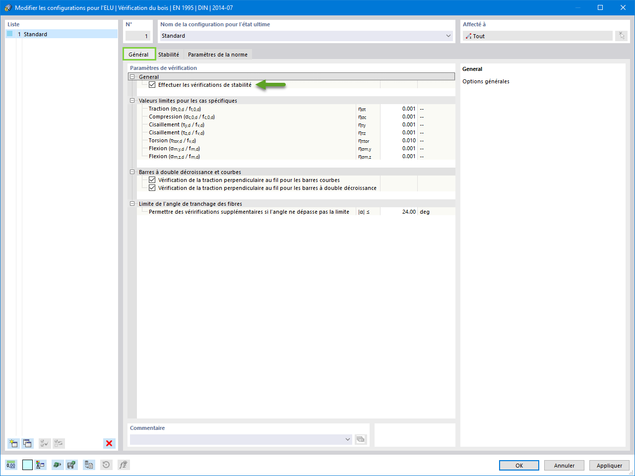 Configuration pour la vérification du bois affichant les paramètres pour les barres à inertie variable et courbes. Inclut des détails d’analyse structurelle et des éléments de modélisation.