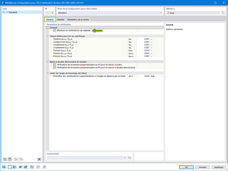 Configuration pour la vérification du bois affichant les paramètres pour les barres à inertie variable et courbes. Inclut des détails d’analyse structurelle et des éléments de modélisation.
