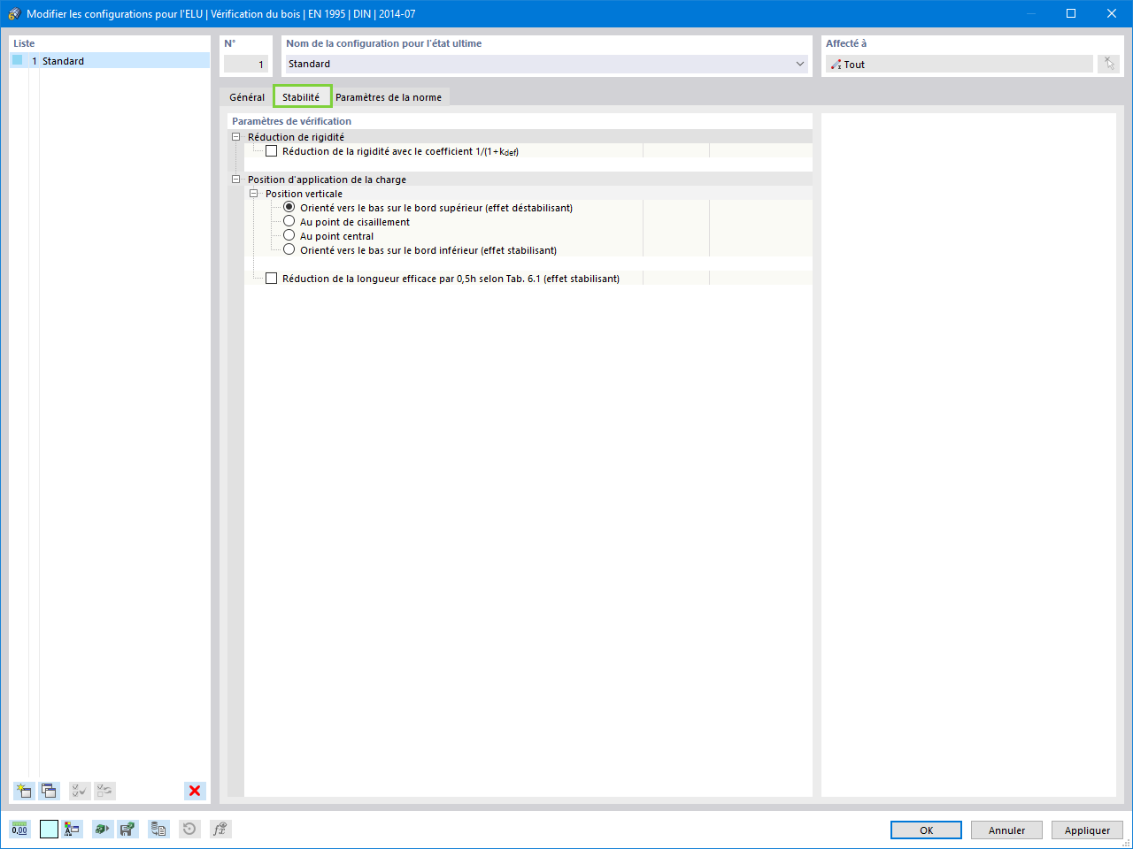 L’onglet Stabilité affiche des paramètres essentiels pour la conception de barres en bois effilées ou courbes. Utile pour les calculs de structure.