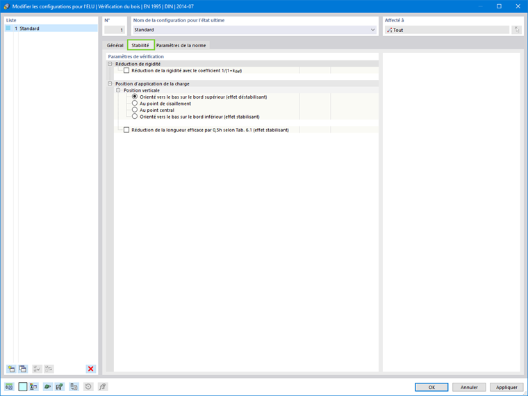 L’onglet Stabilité affiche des paramètres essentiels pour la conception de barres en bois effilées ou courbes. Utile pour les calculs de structure.