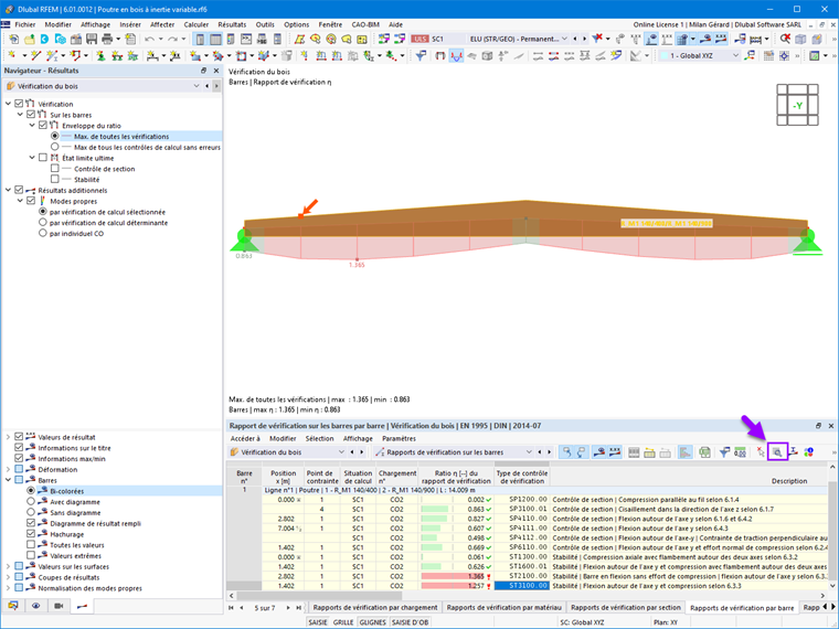 Résultats de la vérification de barres en bois à inertie variable et courbées à l’aide du logiciel de calcul de structure.