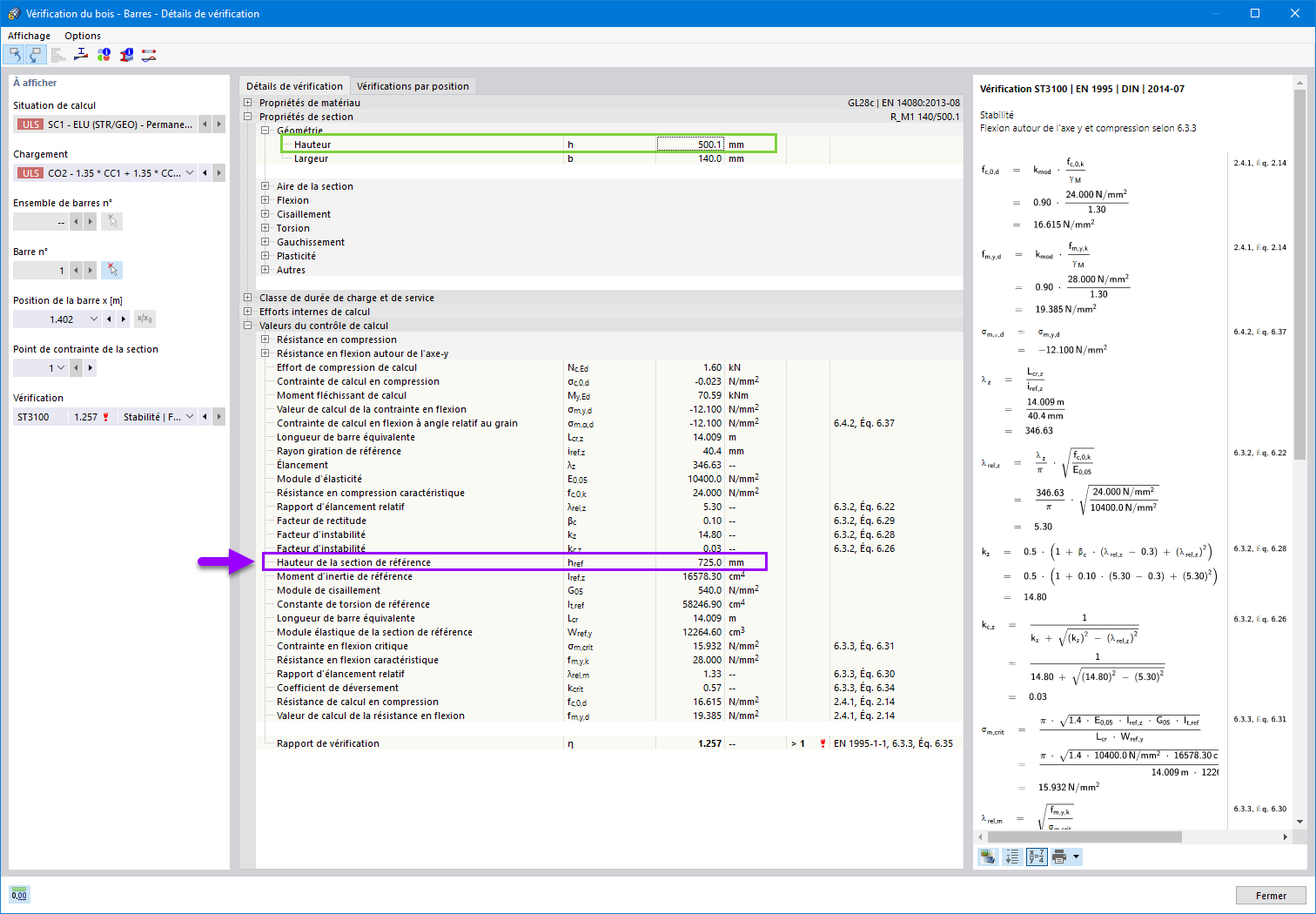 Vue détaillée des processus de vérification pour des barres en bois à section variable et courbes dans les structures en bois.