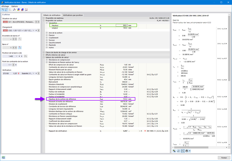 Vue détaillée des processus de vérification pour des barres en bois à section variable et courbes dans les structures en bois.