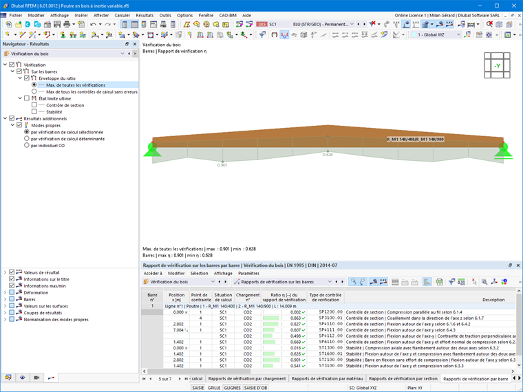 Analyse des résultats de vérification du bois avec un accent sur les appuis nodaux intermédiaires mettant en avant la résistance et la stabilité des barres coniques et courbes.