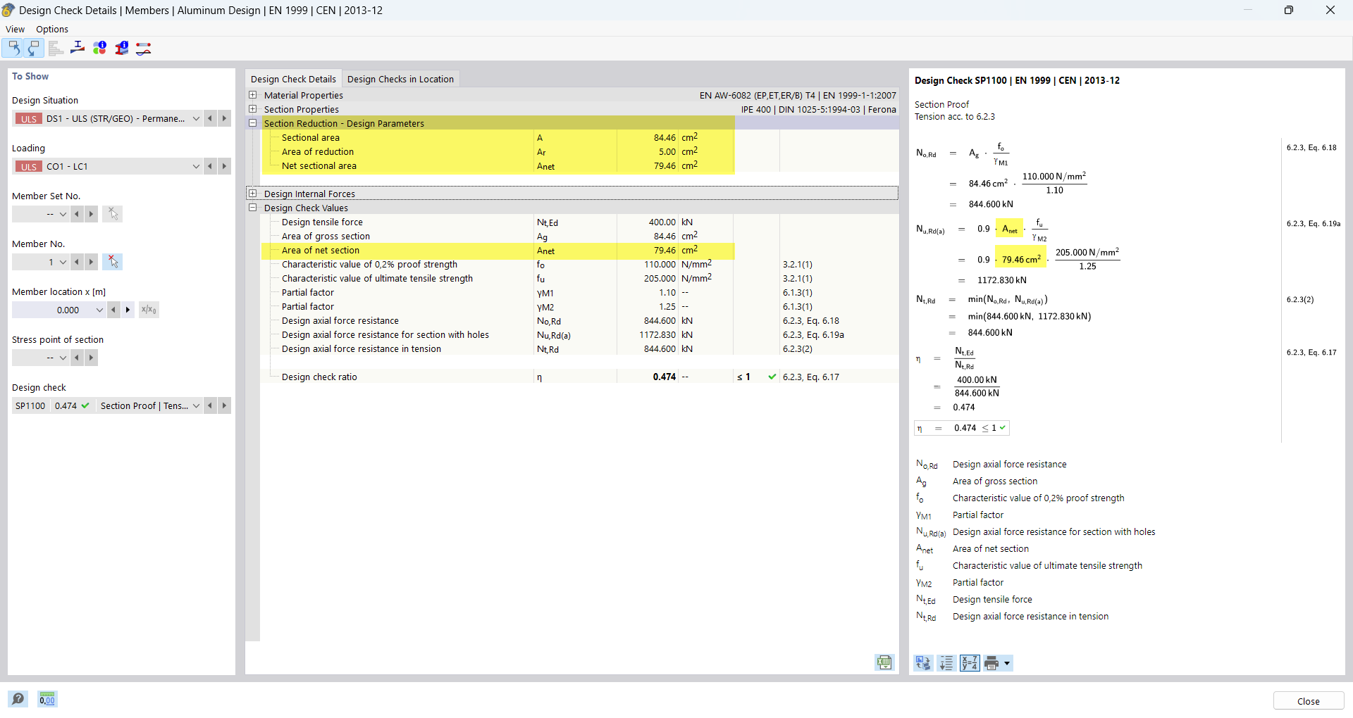 Détails de vérification de la vérification de l’aluminium - Vérification de traction avec affaiblissement local de section
