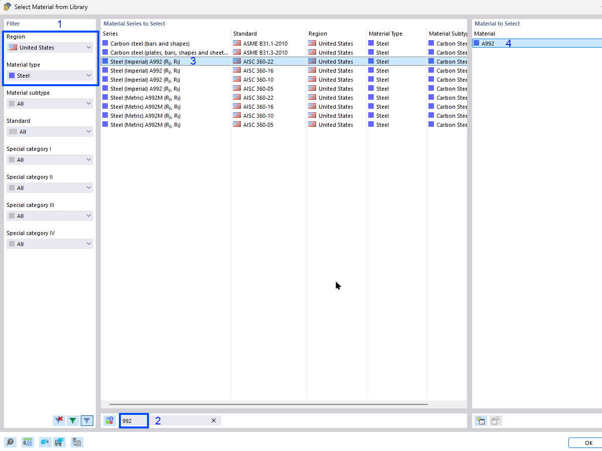 Sélection d’un matériau d’acier dans la bibliothèque