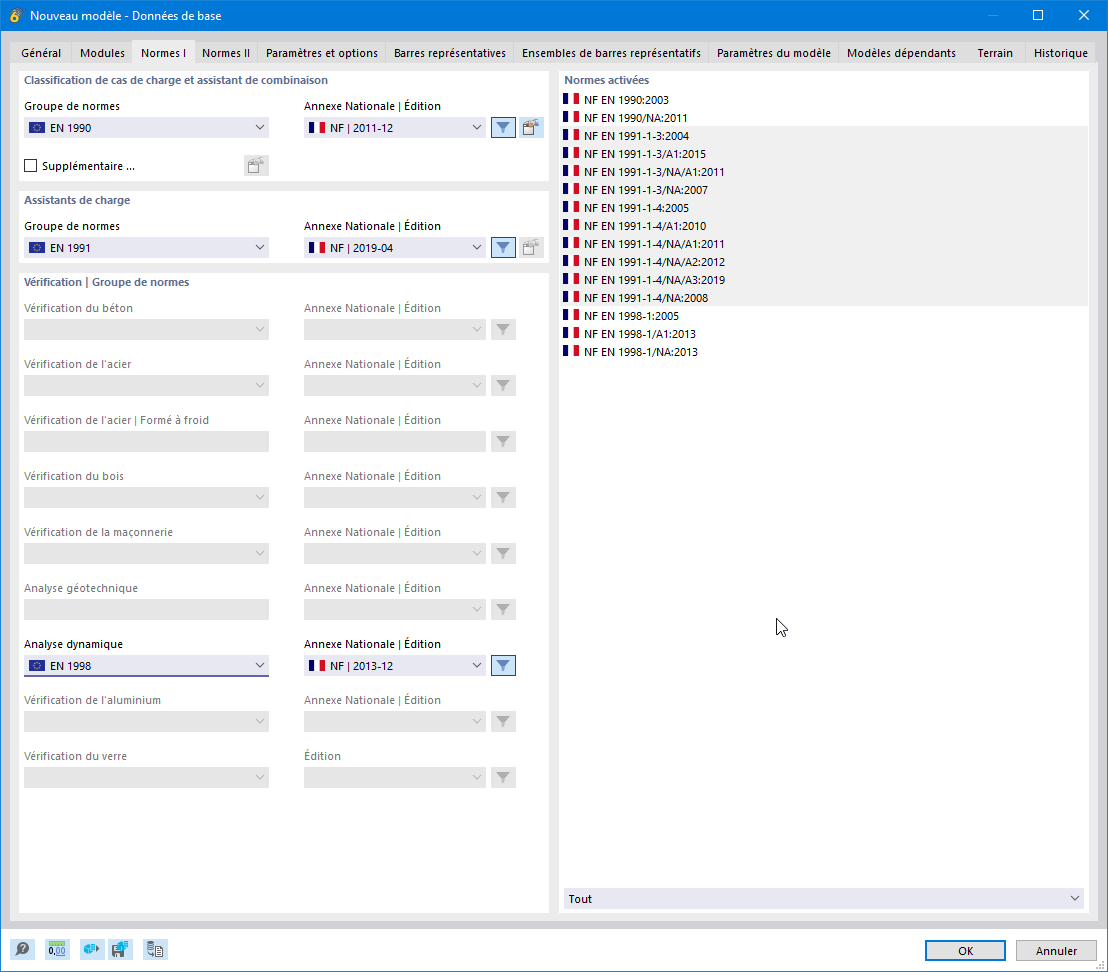 Boîte de dialogue « Nouveau modèle - Données de base », onglet « Normes I »