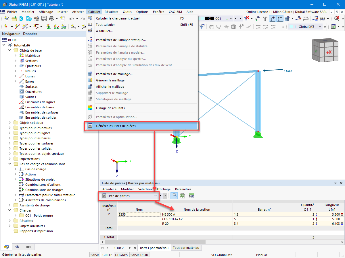 FAQ 005145 | Comment puis-je générer des listes de pièces dans RFEM 6 et RSTAB 9 ?