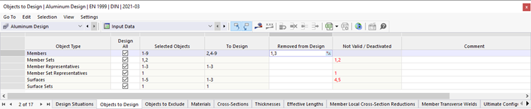 Tableau d’entrée pour les objets à calculer dans la vérification de l’aluminium