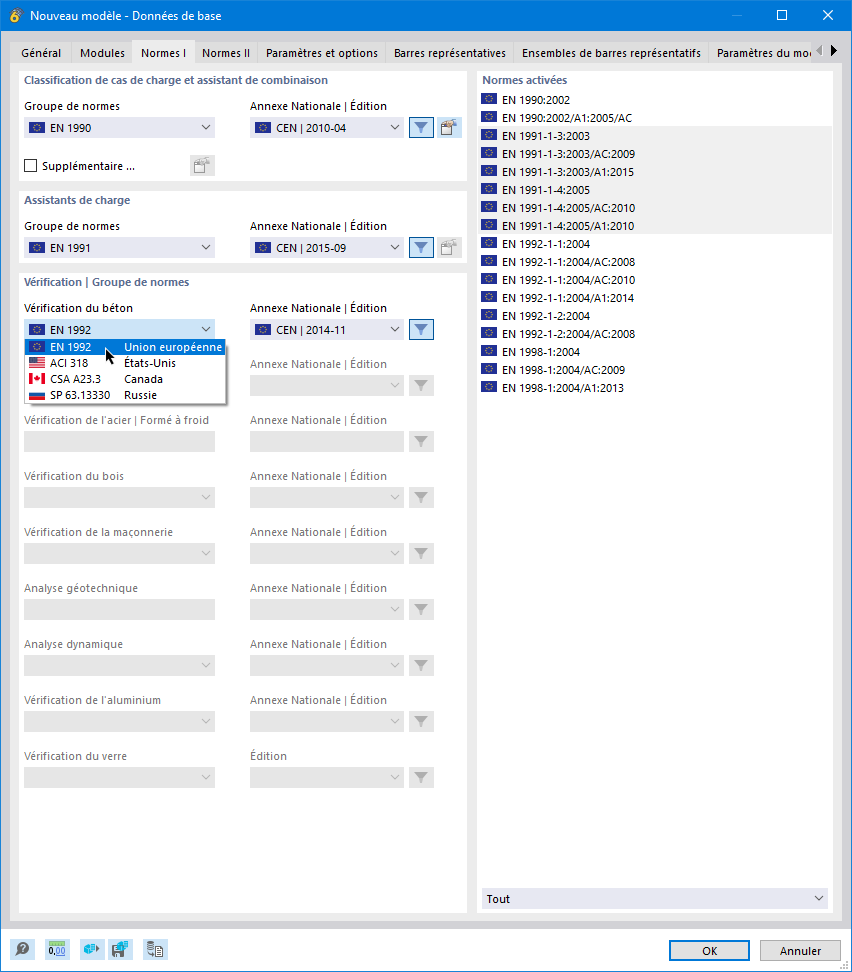 Sélectionner la norme pour la vérification du béton