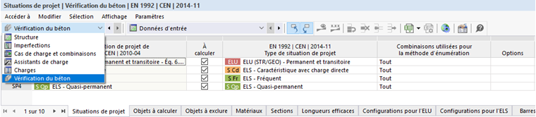 Catégorie « Vérification du béton » dans le tableau
