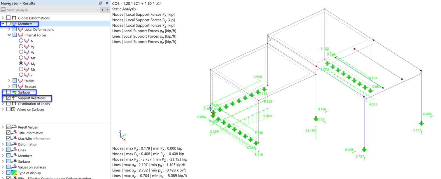 Réactions d'appui des nœuds et des lignes