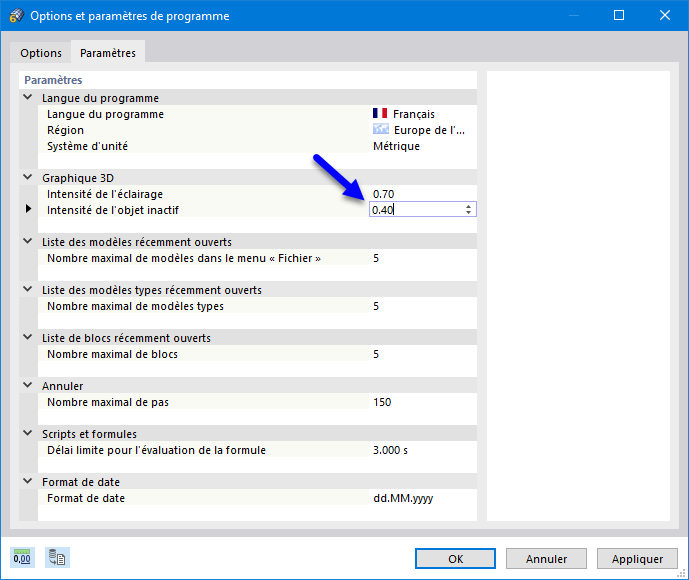 Modifier l’intensité de l’affichage des objets inactifs
