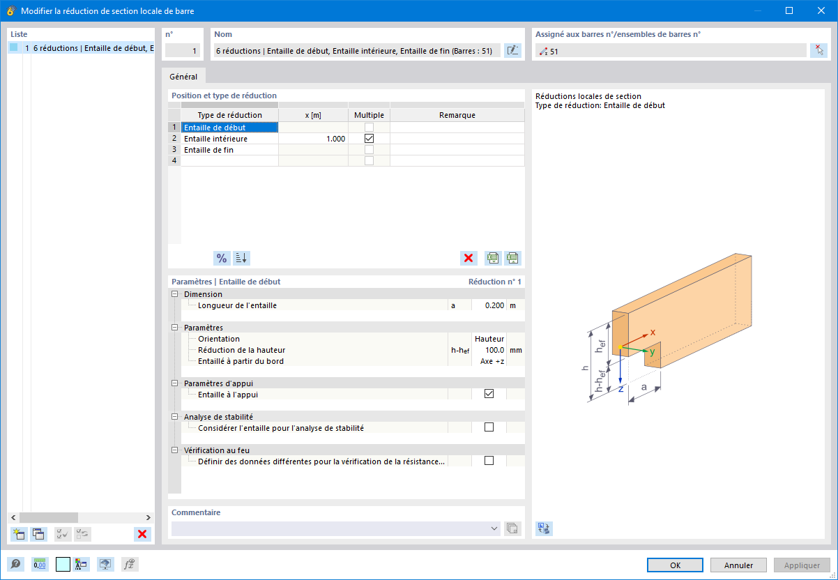 La boîte de dialogue montre l’option permettant de définir des réductions de section pour prendre en compte une entaille dans le calcul du bois.