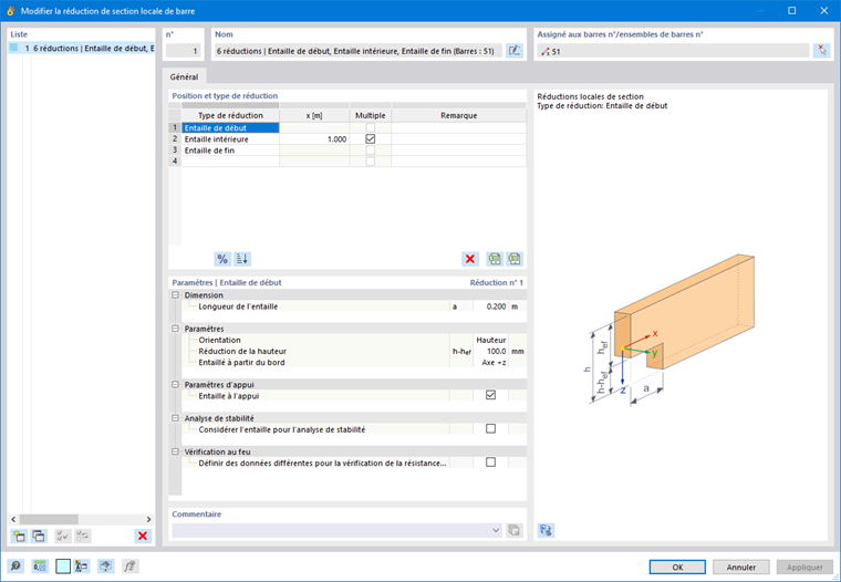 La boîte de dialogue montre l’option permettant de définir des réductions de section pour prendre en compte une entaille dans le calcul du bois.