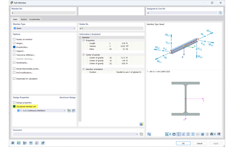 Boite de dialogue « Modifier la barre », vérification de l’aluminium via l’ensemble de barre parent