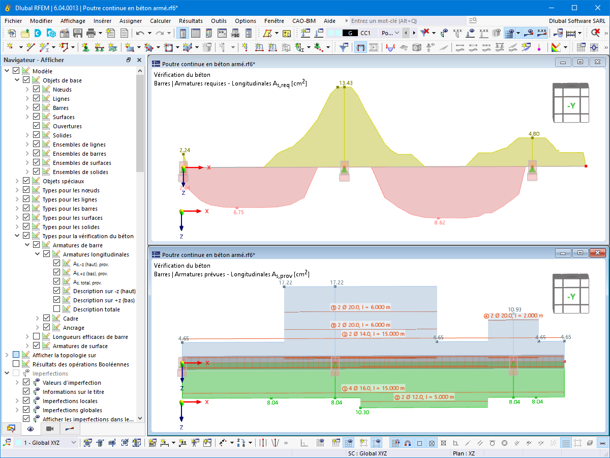 Affichage graphique des armatures requises et prévues