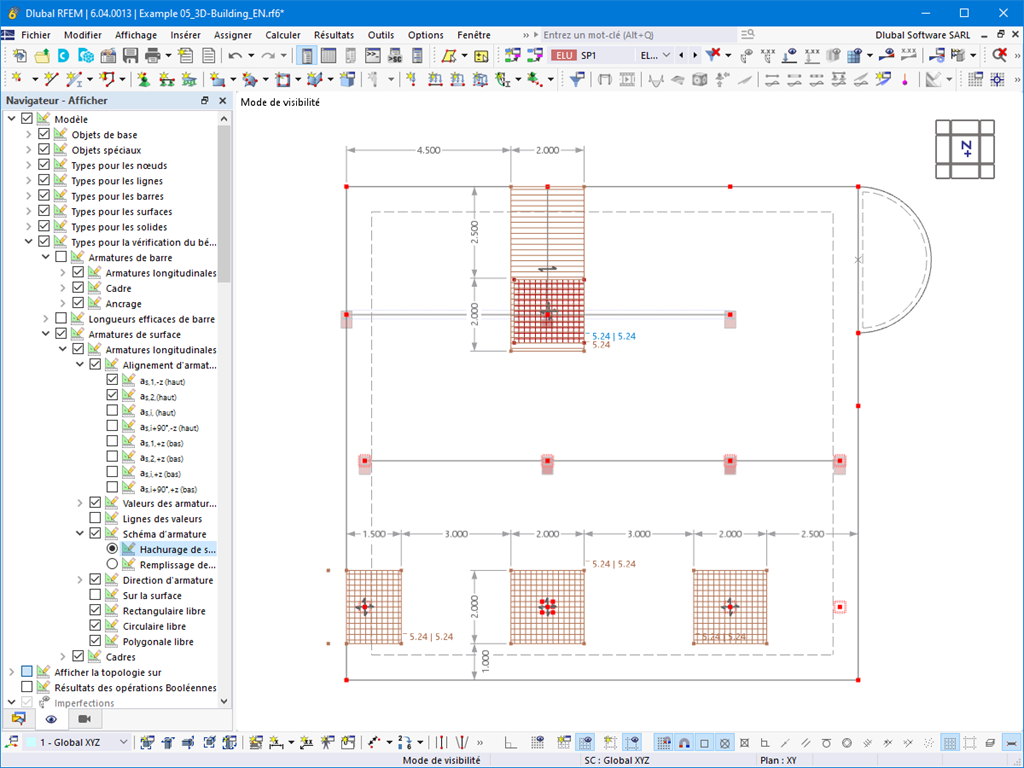 La graphique montre une armature complémentaire libre dans les surfaces bétonnées pour la vérification du béton.