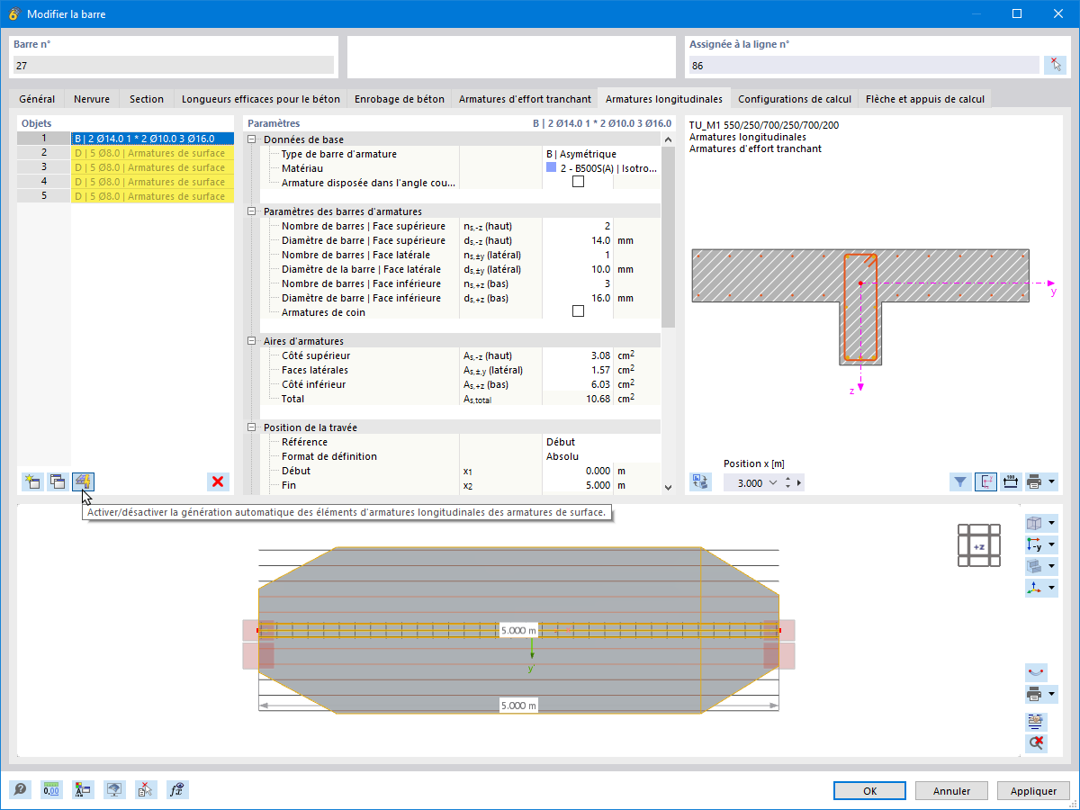 Définition de différentes largeurs de semelle de poutres en T pour l’intégration dans la vérification des nervures en béton.