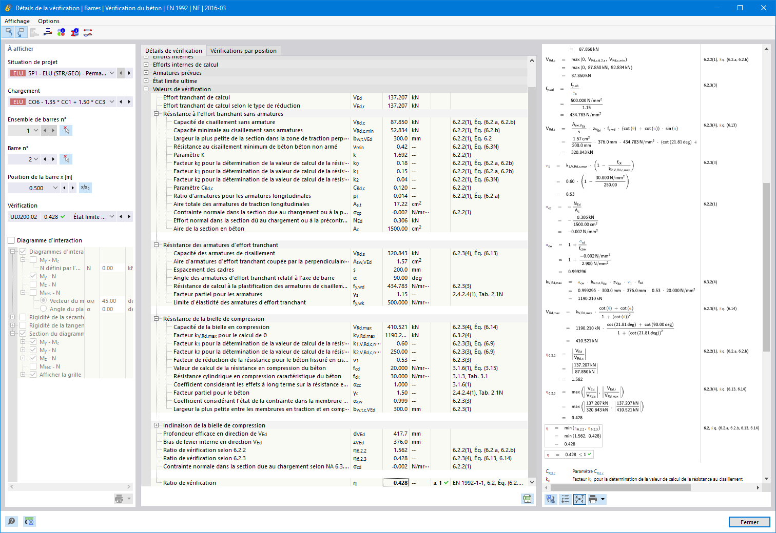 Sortie détaillée des vérifications de calcul (avec références des équations utilisées de la norme)