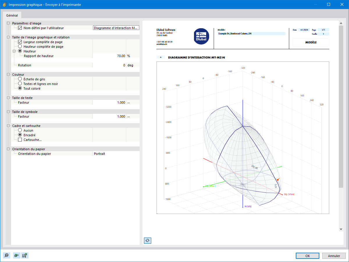 Diagramme d’interaction My-Mz-N pour visualiser les relations entre le moment et l’effort dans un système de calcul de structure.