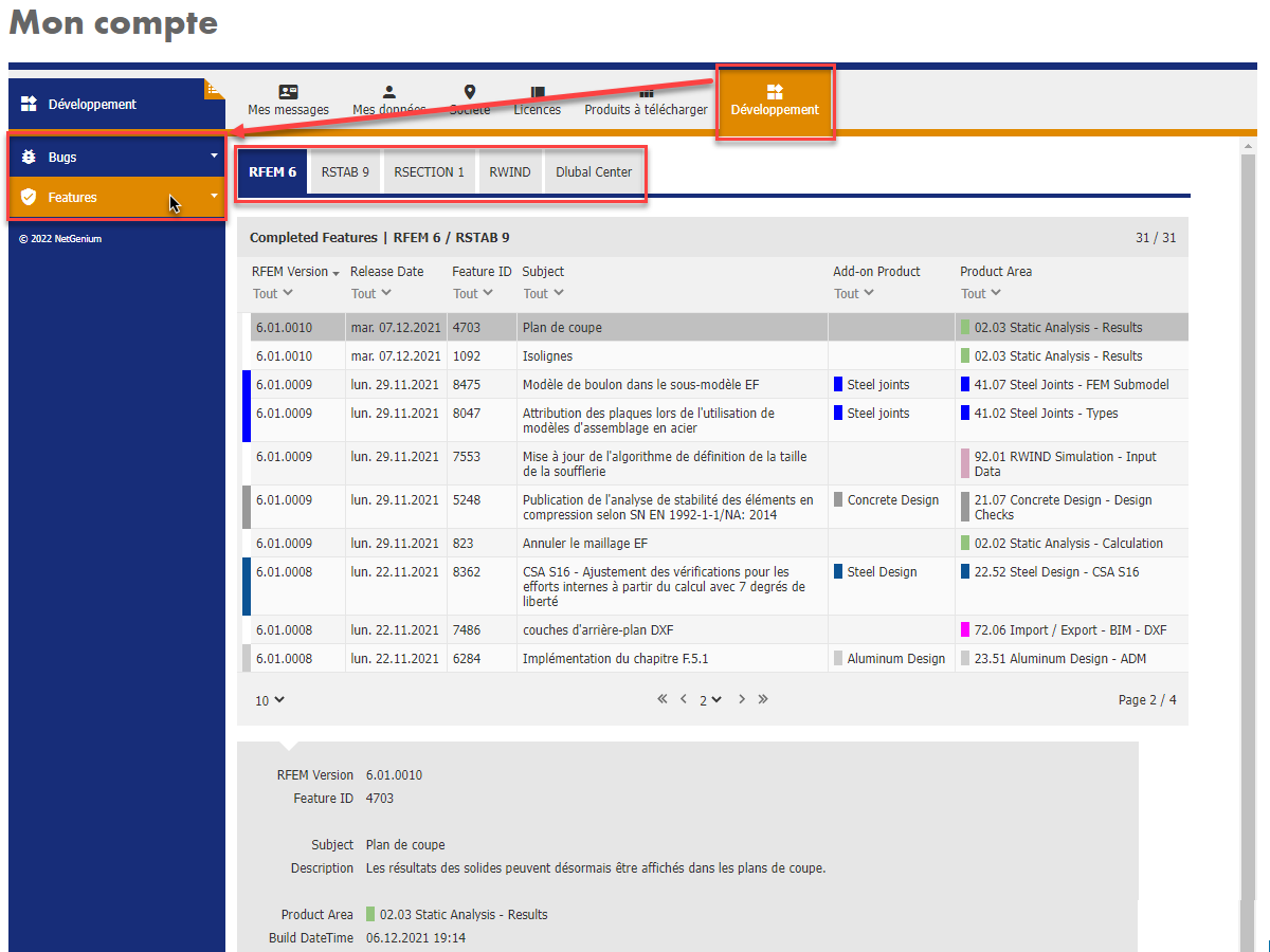 FAQ 005149 | Où puis-je avoir accès aux rapports de mise à jour ainsi qu'aux informations relatives à la correction de « bugs » et aux nouvelles fonctionnalités dans RFEM 6 et RSTAB 9 ?