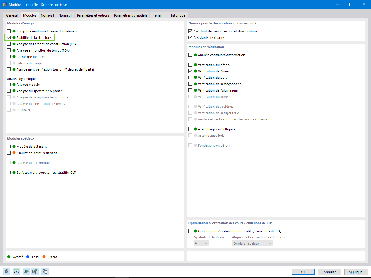 Activation du module complémentaire Stabilité de la structure