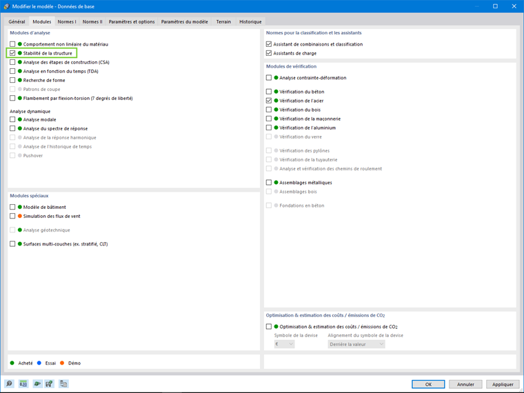 Activation du module complémentaire Stabilité de la structure