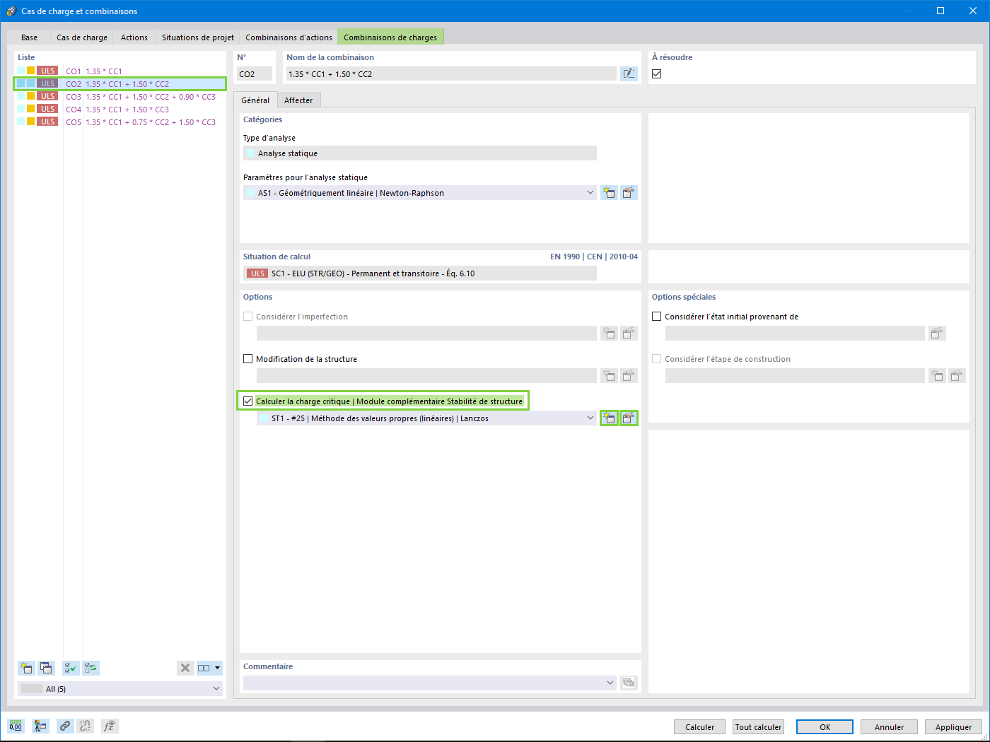 Considération de l’analyse de stabilité en termes de cas/combinaisons de charge