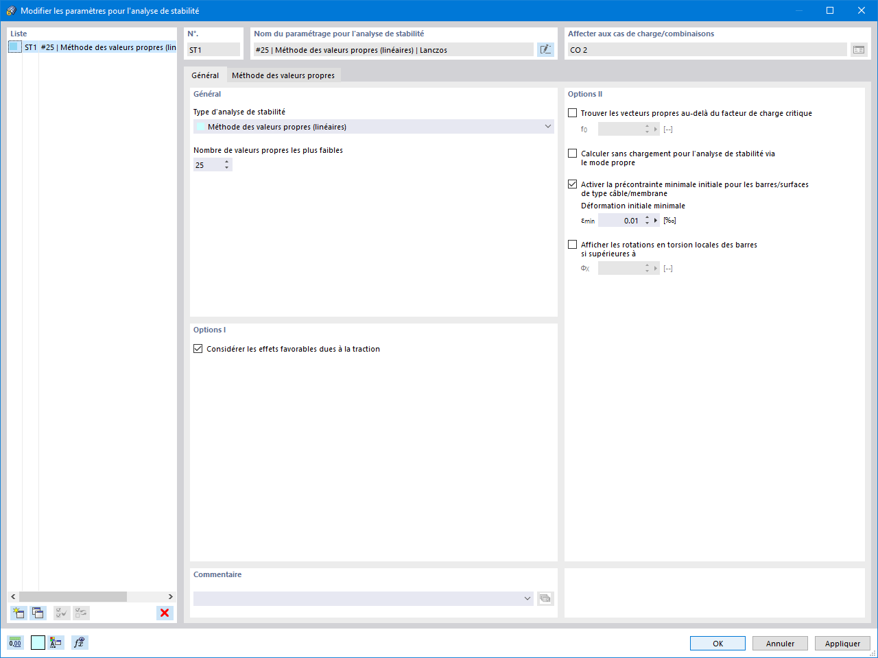 Paramètres pour l’analyse de stabilité