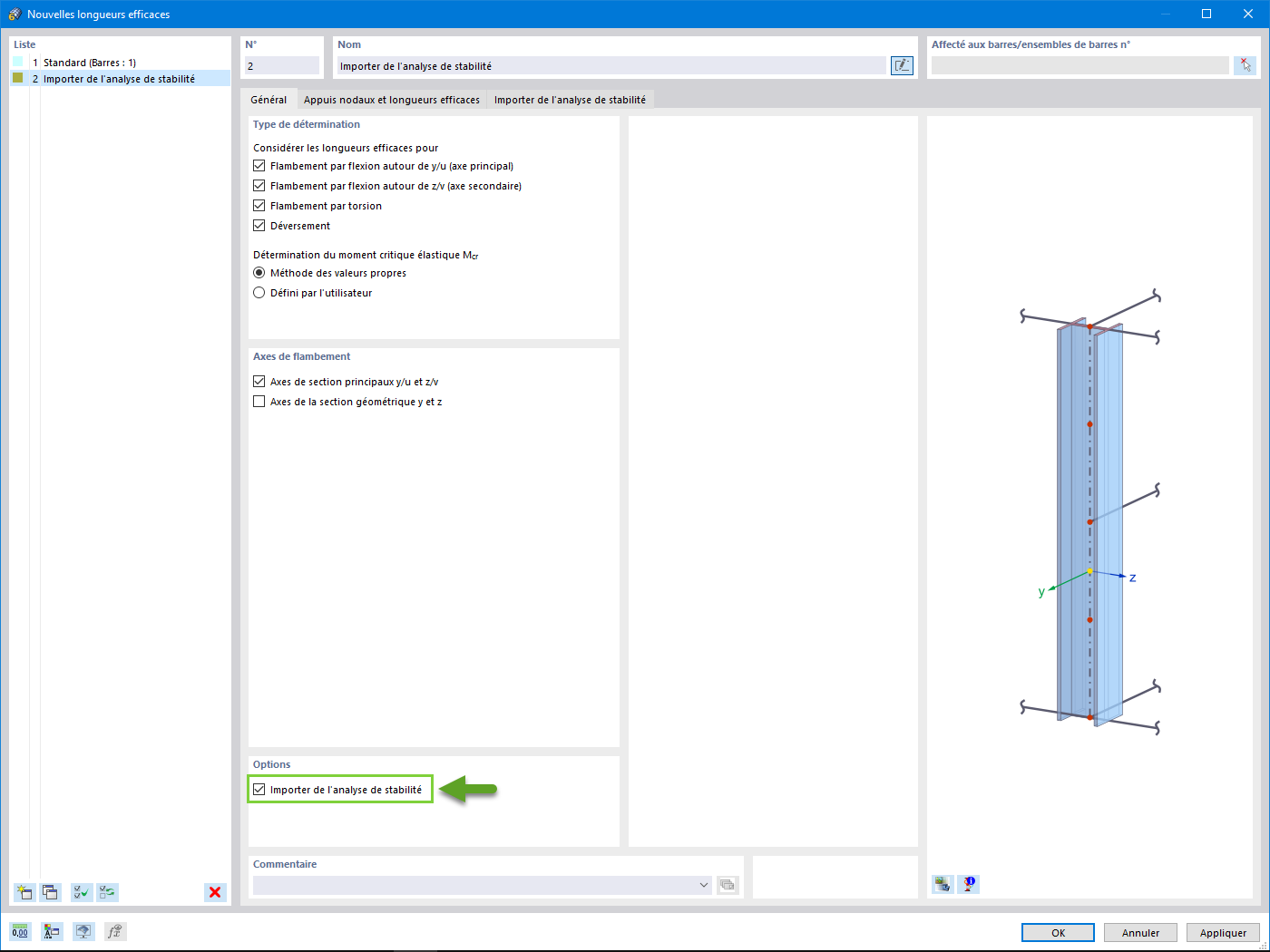 Option d’importation d’une longueur efficace à partir de l’analyse de stabilité