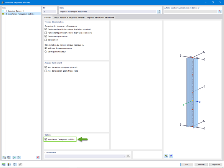 Option d’importation d’une longueur efficace à partir de l’analyse de stabilité