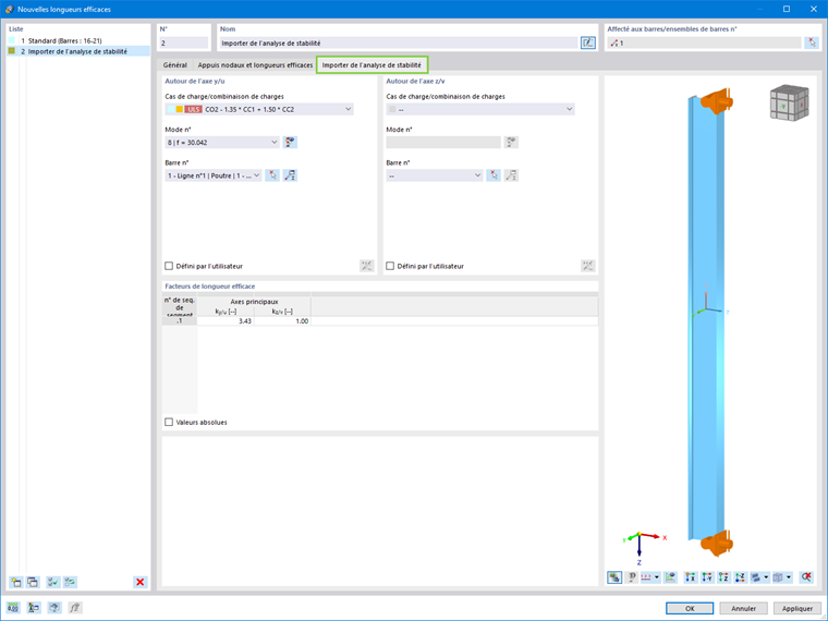 Importation d’une longueur efficace à partir de l’analyse de stabilité - Paramètres