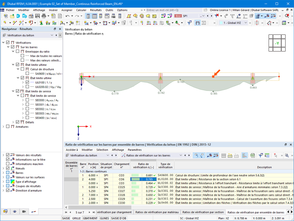 Affichage détaillé des détails de vérification avec résultats tabulaires et graphiques. Informations clairement structurées sur les vérifications normatives.