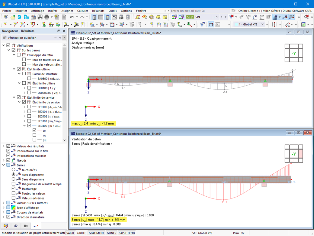 Affichage de la déformation linéaire élastique et fissurée dans les sections en béton armé, avec mise en avant de l’unité 1 et 2.